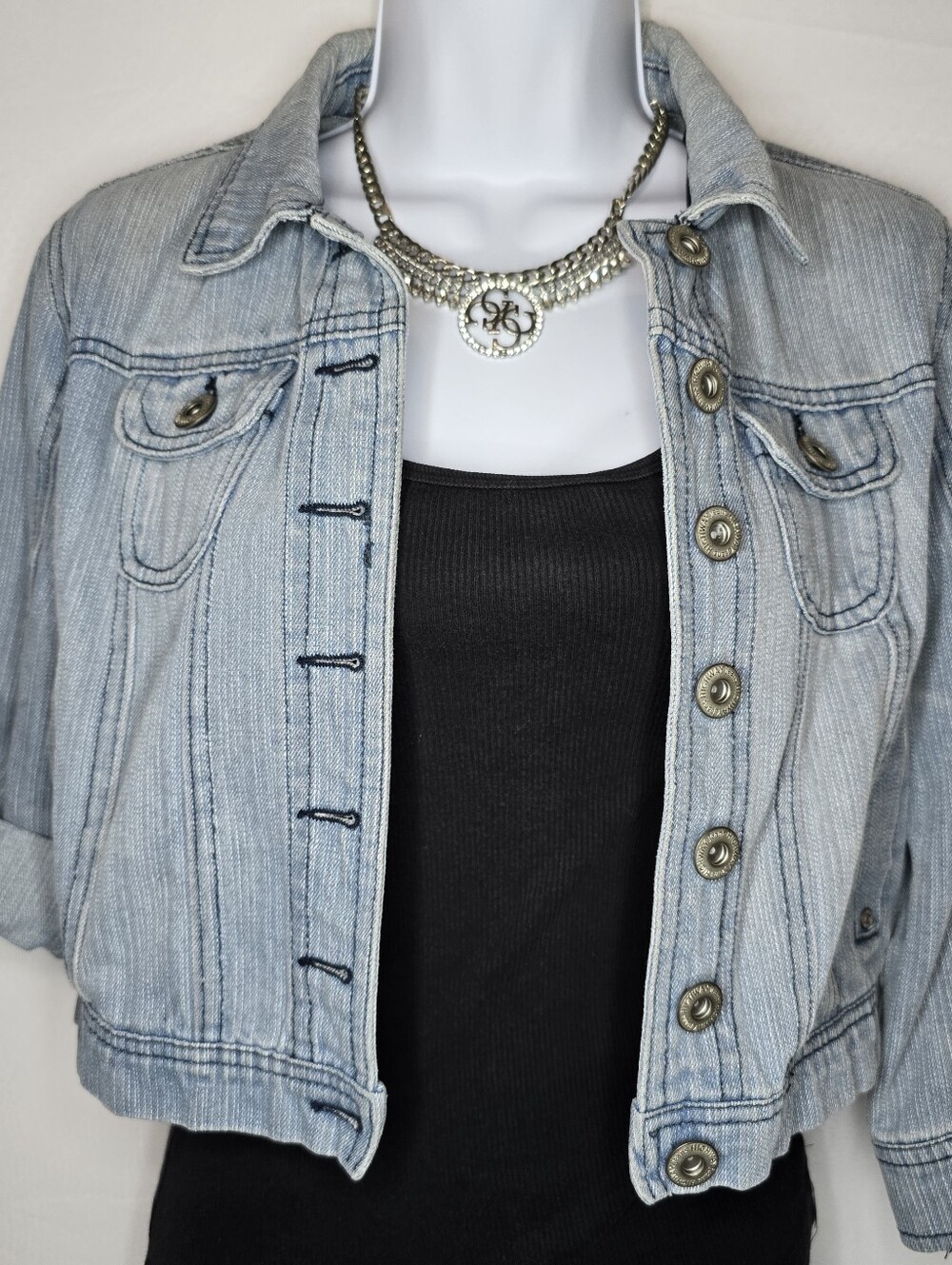 Highway Jeans Cropped Denim Jacket Medium Light Wash Button Roll Tab Sleeve Y2k